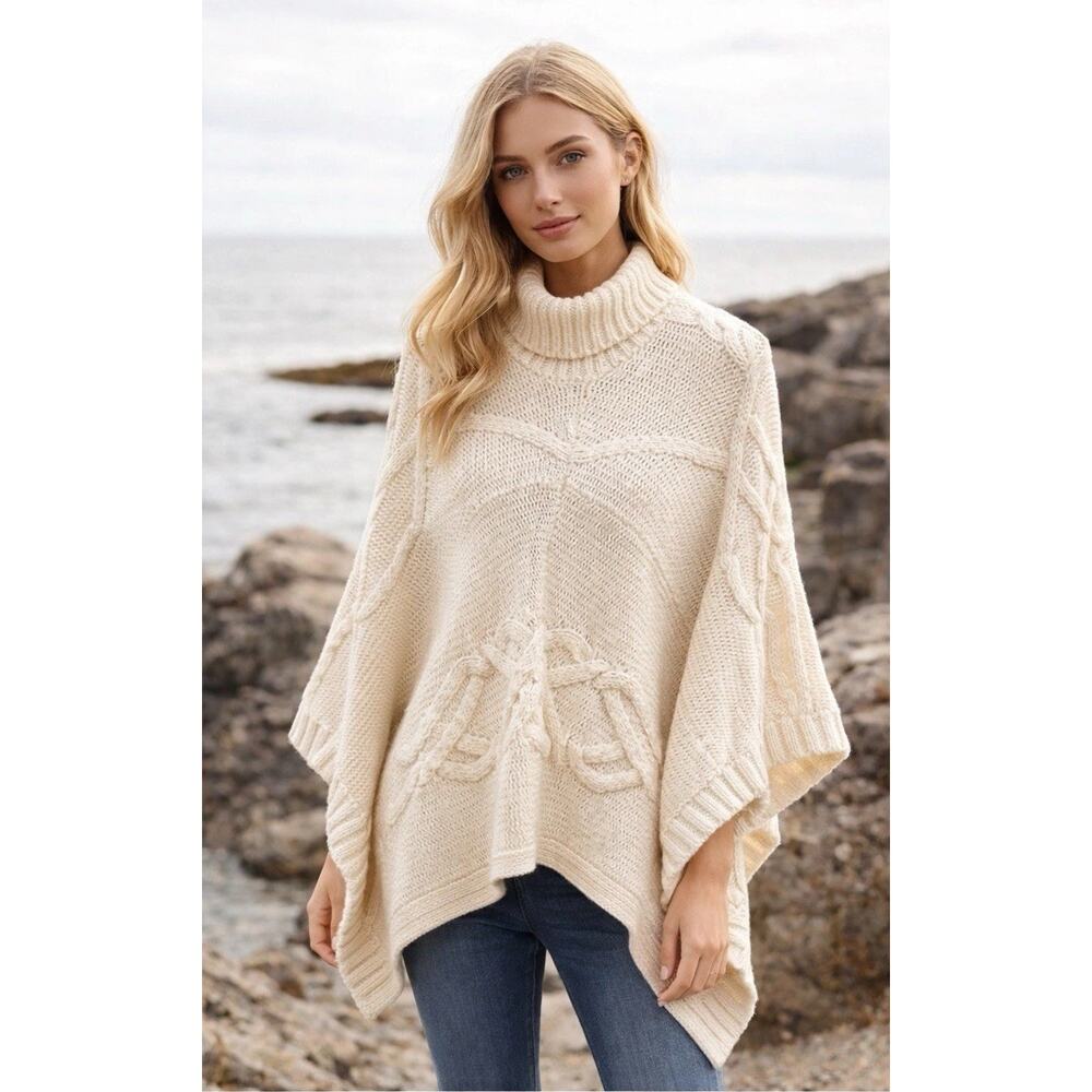 Lands' End Poncho Sweater S M Cable Knit Turtleneck Wool Alpaca Fisherman